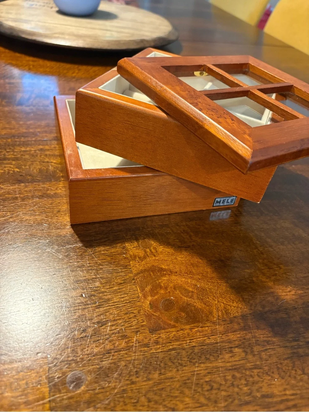 Vintage Mele swivel open wood jewelry box